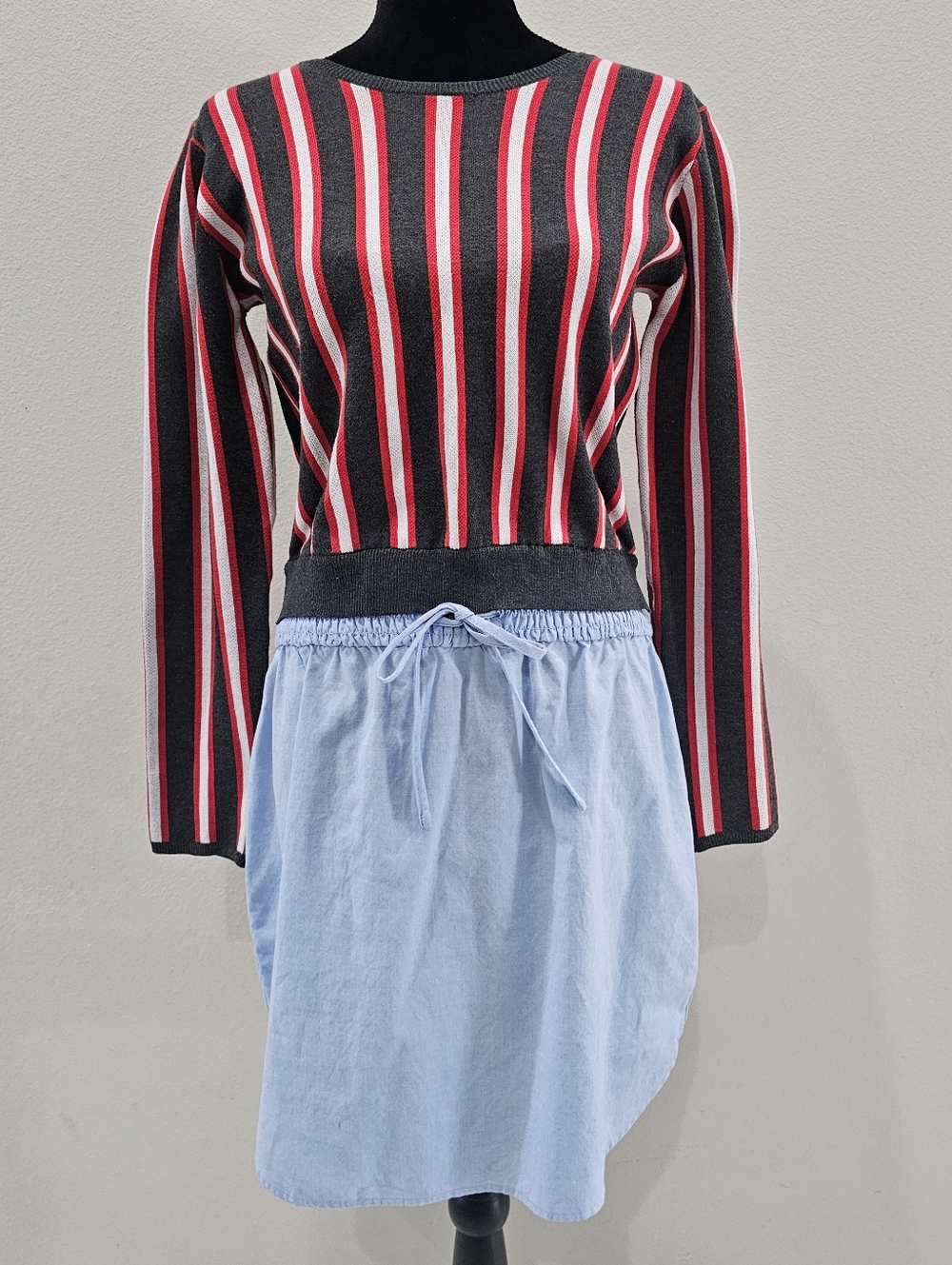 English Factory Gray, Red, White Striped Knit Top with Light Denium Blue Dress
